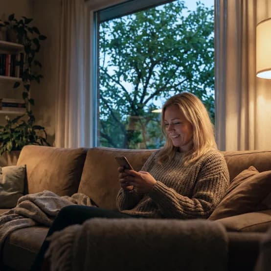 Kvinde sidder i sofaen og sammenligner solcelletilbud på sin mobil